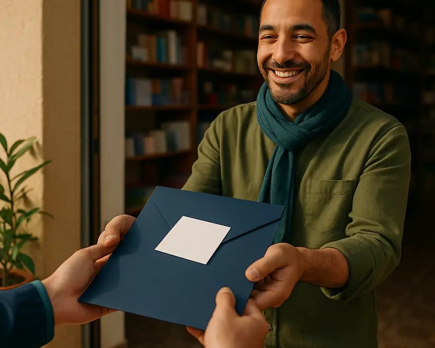 صاحب مكتبة يسلّم ملفاً لزبونه عند باب المحل
