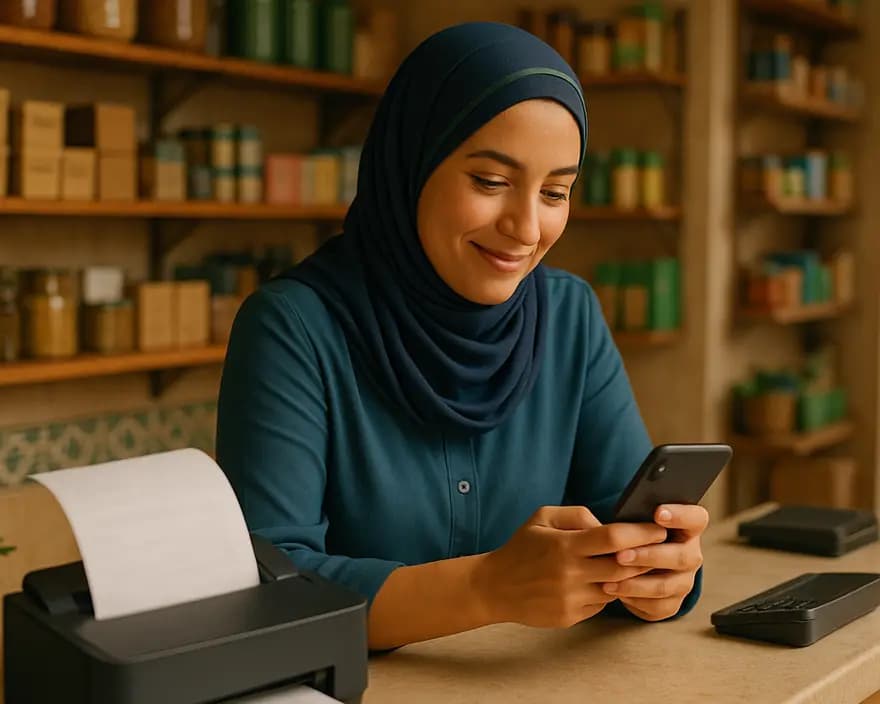 صاحبة محل تُنجز خدمة لزبونها من هاتفها، والطابعة تُخرج الورقة